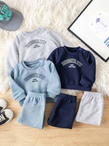 SHEIN Bộ 6 món/Bộ đồ sơ sinh cho bé trai/bé gái in chữ dễ thương, tay dài có mũ trùm đầu và quần dài cạp chun, thích hợp cho mùa thu đông, trong nhà và ngoài trời - Màu xanh lam - Xem 3