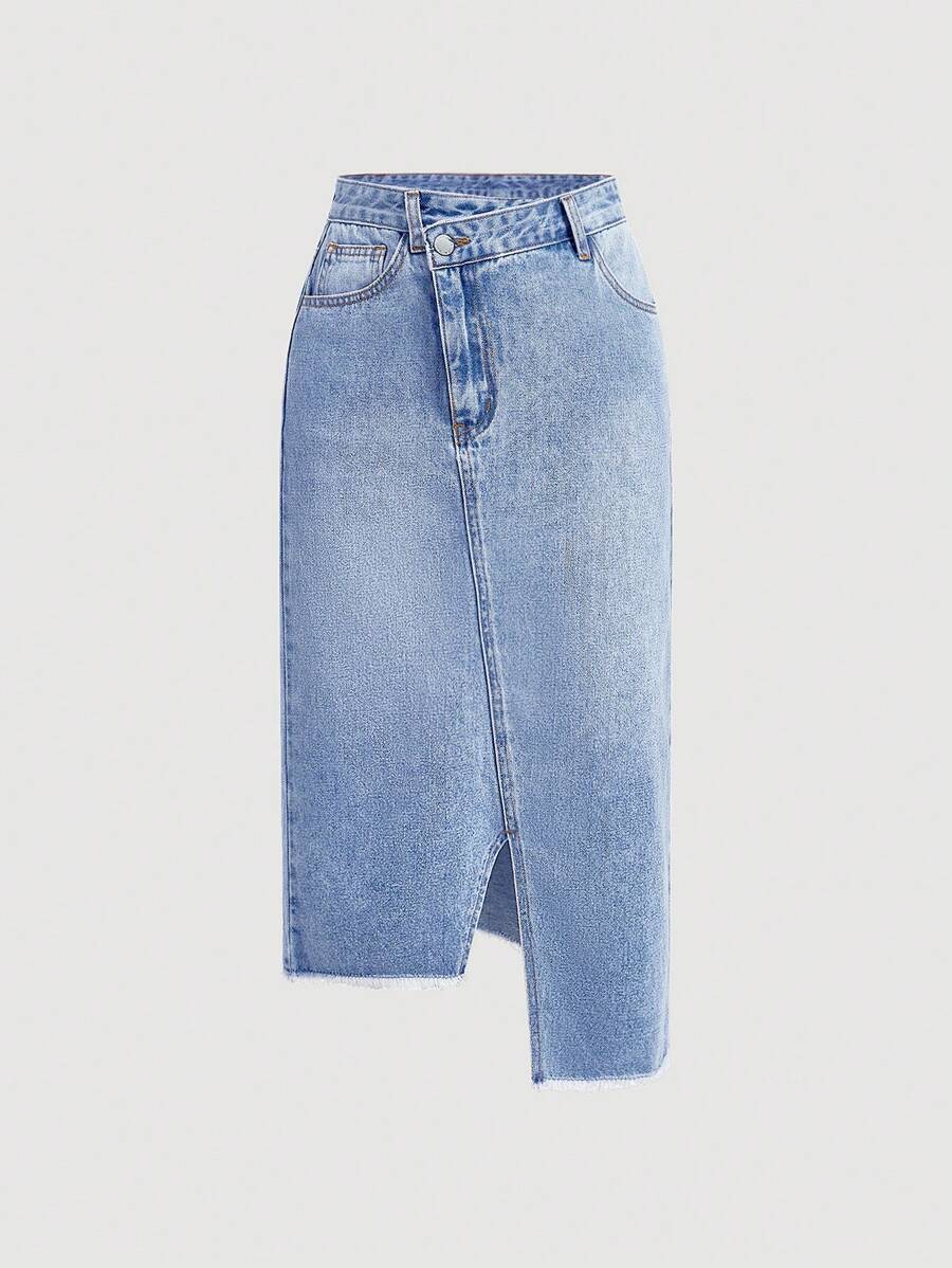 SHEIN MOD 女士牛仔裙，休闲性感前开衩不对称下摆，蓝色 - 淺色水洗藍 - 查看 1