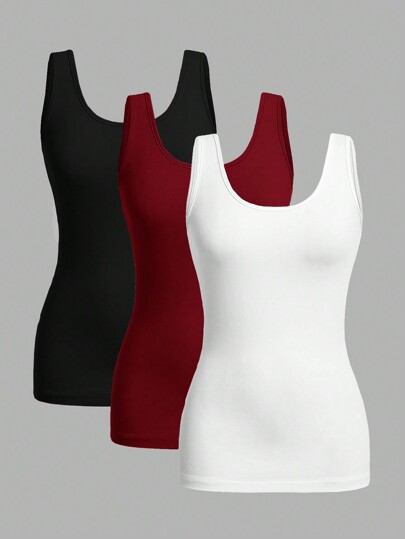 SHEIN Essnce 3pcs/Set Women Casual Solid Color Camisole Tops, Versatile Suitable For Spring/Summer Back To School