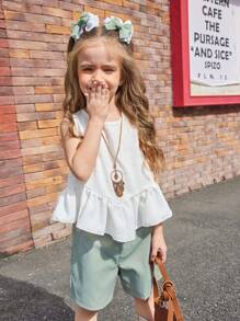 SHEIN Young Girls 2025 Spring/Summer New Arrival, Solid Color Ruffle Hem Sleeveless Top And Light Green Shorts 2 Pieces Set, Suitable For Everyday Wear, Outings And Social Events