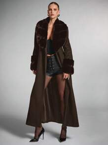 SHEIN BAE 女士纯色蓬松披肩领长袖长款优雅羊毛混纺大衣，复古大衣冬秋女装万圣节风情女装演唱会服装冬季女装皮草大衣时尚保暖，适合聚会和外出 - 咖啡棕 - 查看 6