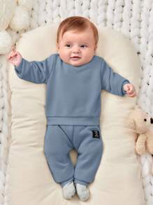 SHEIN 6件套新生儿男女宝宝百搭纯色圆领套头卫衣裤套装，休闲百搭，适合居家和户外穿着，秋冬季 - 彩色 - 查看 4