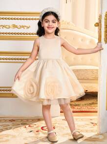 SHEIN Young Girl 2pcs Set: Cute Woven Mesh Organza Shawl & Woven Jacquard Sleveless Elegant Dress Outfit, 3D Rose Flower & Back Big Bow Decor,Spring/Summer Ramandan Style,Suitable For Girls Daily Wear, Festivals