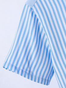 SHEIN Áo sơ mi tay ngắn cổ polo họa tiết kẻ sọc chắp vá cho bé trai tuổi mới lớn, trang phục thể thao giản dị, thích hợp cho tiệc tùng ngày lễ, đa năng, phù hợp mọi phong cách - Màu xanh lam - Xem 3