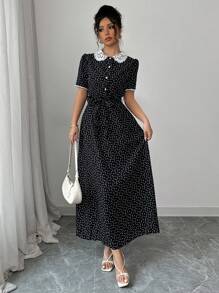 Modelyn 优雅波尔卡圆点 & 心形印花蕾丝拼布长裙 - 黑色 - 查看 3