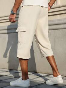 Manfinity Homme 男士休闲纯色抽绳腰工装七分裤 - 卡其色 - 查看 2