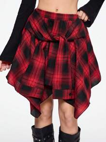 ROMWE Grunge Punk Grunge Vintage Distressed Plaid Lace-Up Asymmetrical Layered Mini Skirt