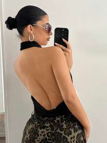 SHEIN ICON 纯色性感挂脖式垂坠露背背心 - 黑色 - 查看 2