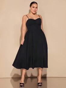 SHEIN BAE 加大码黑色优雅长裙，适合日常、约会、郊游、夜店派对，优雅女士细肩带长款泡泡袖连衣裙，春季连衣裙，女士生日连衣裙 - 黑色 - 查看 3