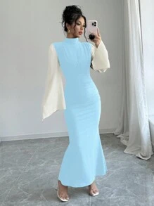 Chiquease Women's Elegant Contrast Color Block Flare Sleeves Stand Collar Mermaid Dress