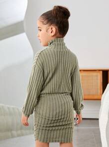 Young Girl Knitted Solid Color Fashionable Elegant Stand Collar Fitted Casual Dress