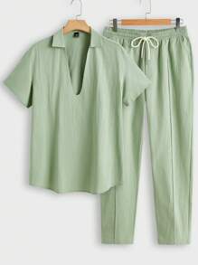 Manfinity VCAY Men's Fitted Long Sleeve Collared Casual Shirt Set, Suitable For Autumn - Green - View 2