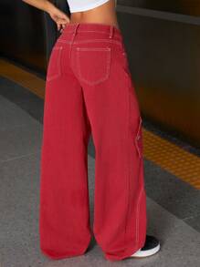 SHEIN ICON Pantalones holgados de carga de mezclilla roja vintage americanos para mujer
