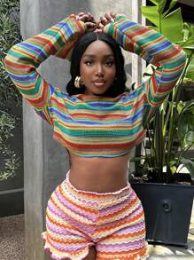 SHEIN SXY 大码女式早春彩色针织提花短款长袖 T 恤，适合日常穿着、度假、海边、海滩派对、约会之夜、生日、单身派对、舞会、情侣约会、优雅、休闲、购物、街头穿着、户外、性感、易于搭配且看起来苗条，凸显您的身材，凸显您的身体 - 彩色 - 查看 5