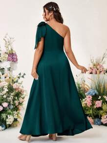 Cravure Đầm dự tiệc chữ A xẻ tà cổ chữ V không tay thắt nơ màu trơn satin cỡ lớn - Màu xanh lá cây đậm - Xem 2