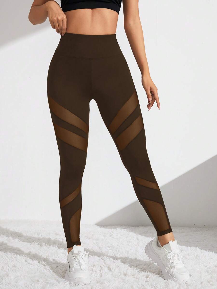 Easithlete Quần legging thể thao thường ngày ôm vừa vặn lưới chắp vá cho nữ - màu nâu - Xem 1