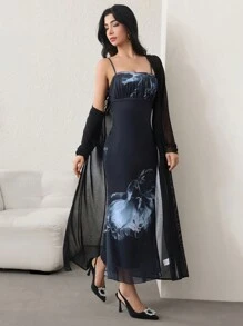 Modelyn Set de 2 piezas de chaqueta transparente y vestido de tirantes con estampado floral para mujer, elegante