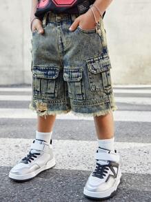 SHEIN SLAYR KIDS Young Boys Street Cool Distressed Vintage Washed Multiple Pockets Ripped Frayed Loose Fit Wide Legs Denim Cargo Shorts,Kids Spring/Summer Clothes Streetwear Outfits