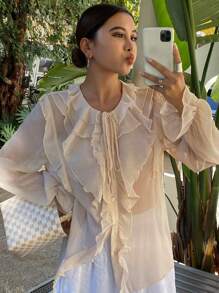 Livesso Vacation Beach Chiffon Blouse With Ruffle Hem, Tie Neck Drawstring Long Sleeve Shirt For Women,Fall Women Clothes - Beige - View 4