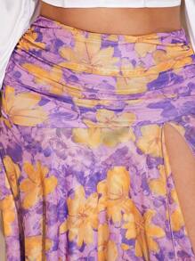 SHEIN BAE Falda maxi con estampado floral asimétrico y abertura para mujer talla grande, para el verano