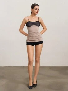 SHEIN Unity 女士对比色对比网眼荷叶边修身吊带背心上衣 - 彩色 - 查看 1