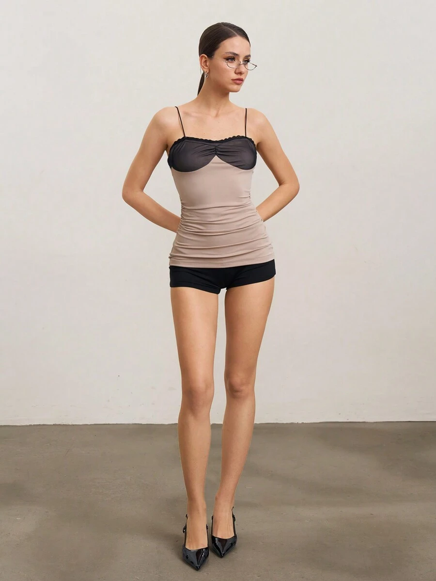 SHEIN Unity 女士对比色对比网眼荷叶边修身吊带背心上衣 - 彩色 - 查看 1