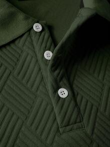 Manfinity Mode Men's Casual Solid Color Textured Long Sleeve Polo Shirt, Autumn, Green Polo Shirt Men, Textured Polo Shirt, Men's Business Casual Polo, For Fall - Army Green - View 5