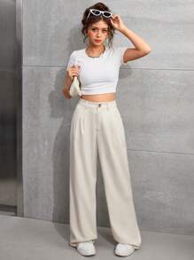 SHEIN Teen Girl Woven Solid Color Twill Wide Leg Pants With Slant Pockets