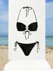 Opulessa Bộ đồ bơi dệt kim màu trơn cho kỳ nghỉ hè ở bãi biển dành cho nữ - màu đen - Xem 7