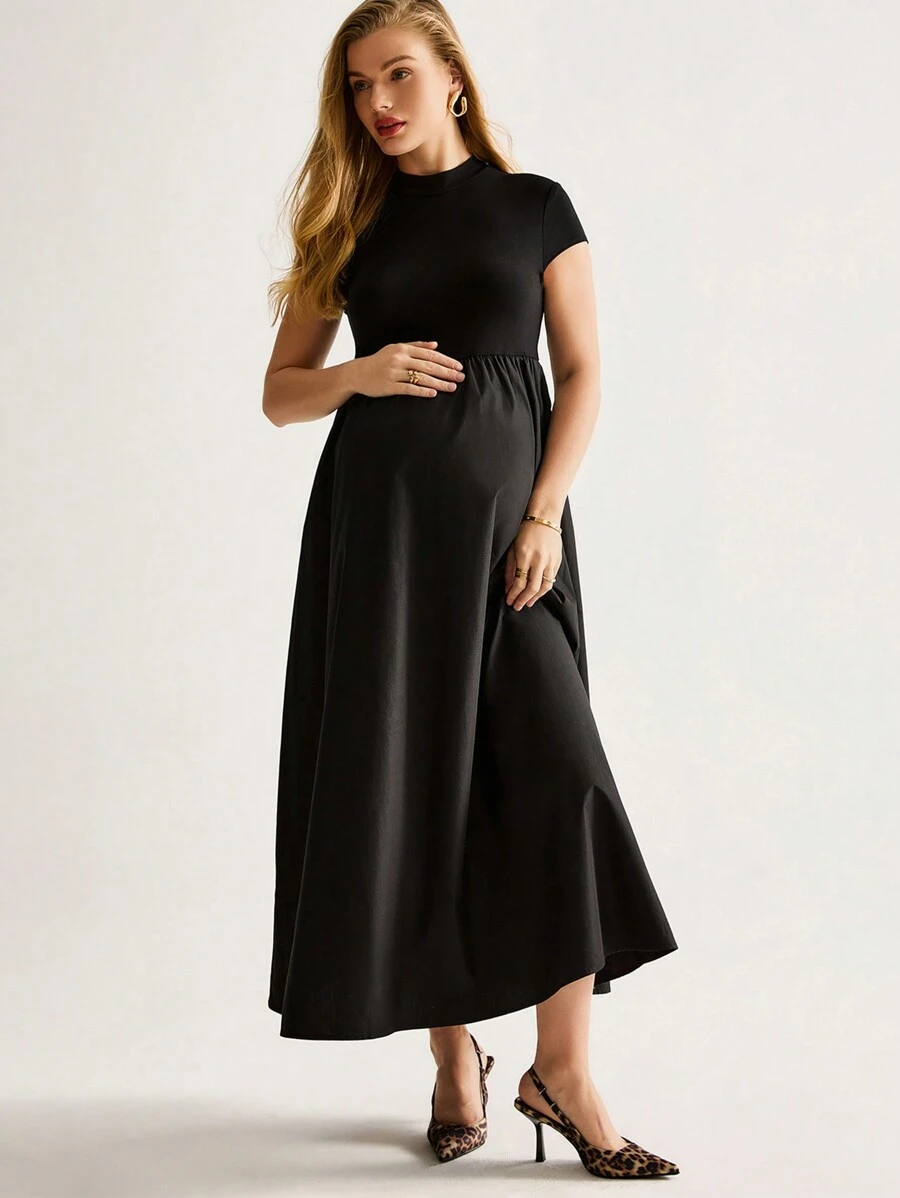 MaterniWear Maternity Casual Solid Color Short Sleeve Long Dress