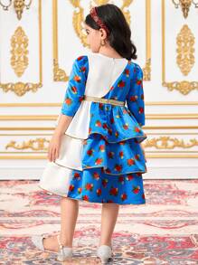 SHEIN Leap Crew Robe de jeune fille DRMZ tressée à motif floral Ditsy, patchwork de couleur unie, avec ornement de toile d'or, encolure ronde ajustée et manches courtes. Convient pour le port quotidien des filles, les festivals, les rassemblements familiaux et les occasions spéciales