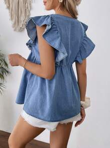 SHEIN Pregnant Women Blue Denim V-Neck Ruffle Cap Sleeve Top,Blue,Suitable For Parties, Holidays, Dates, Valentine's Day, Afternoon Tea, Summer / Summer Outfits / Summer Clothes,Year-Round,For Spring/Summer Holiday,Suitable For Summer,Blue Summer,Vacation Outfits Woman,Easter,Spring,Western,Office Outfits For Women,Rave Outfits,Baby Shower,Cottagecore,Country Outfits Women, Chic,Women Elegant,Beach ,Graduation,Vacation,Easter Mom/Mother/ Mommy/Mother's Day/Mama/Mum/Mother's Day Gift