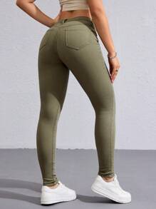 SHEIN Essnce Solid Color Skinny Pocket Casual Jeans - Khaki - View 3