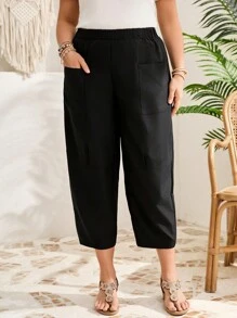 EMERY ROSE Plus Size Women's Solid Pocket Tapered Casual Capri Pants,Vacation Outfits Woman,Summer Clothes