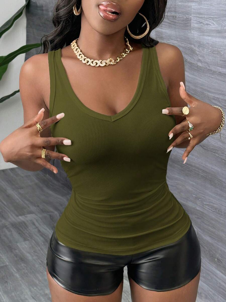 Slaydiva Casual Basic Racerback Sleeveless Deep V-Neck Ribbed Tank Top, White