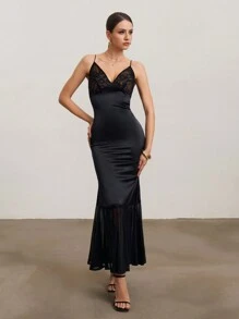 SHEIN Unity Abito elegante a tubino da donna con orlo a sirena e pizzo a contrasto - nero - Visualizzare 1