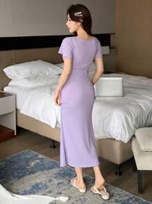 DAZY Knit Fitted Ruched Wavy Hem Lounge Dress Pajama - Mauve Purple - View 2