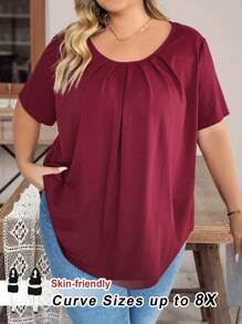 SHEIN CURVE+ 加大码女式圆领褶皱酒红色上衣 /情人节/加大码女式Cotta圆领褶皱加大码上衣 母亲节、情人节