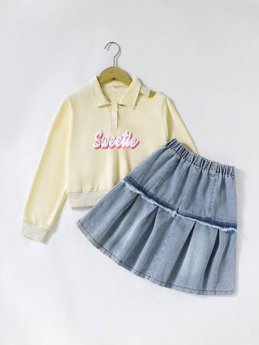 2 件套青少年女孩休闲街头风字母印花镂空长袖 Polo 衫搭配牛仔裙套装，适合春、夏、秋季