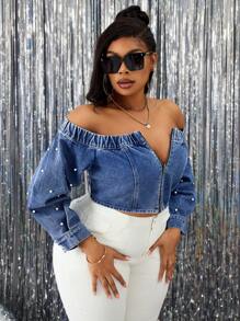 SHEIN SXY Große Größen Lässiges Denim-Top mit Reißverschluss vorne und langen Ärmeln sowie Kunstperlendekor, Off-Shoulder