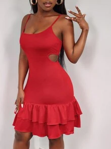 SHEIN Clasi Women Spaghetti Strap Ruffle Hem Short Dress - Red - View 2