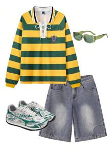 SHEIN EZwear Women's Couple Costumes Sportswear Stripe Lace Up Lapel Heartie Sweatshirt