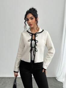 SHEIN Privé Women's New Apricot Crash Black Trim, Front Tie Lapel Long Sleeve Sweater Cardigan, Loop Yarn Sweater Cardigan, Apricot Sweater Cardigan