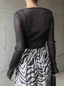 FRIFUL Women's Round Neck Long Sleeve Shiny Mesh Fitted Blouse Sheer,Fall Women Clothes - Black - View 6