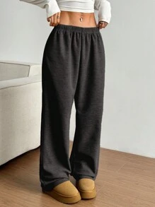 SHEIN Unity Women's Grey Waffle Textured Low Rise Straight Pockets Loose Wide Leg Casual Sporty Pants, Street Style, Spring - Dark Grey - View 4