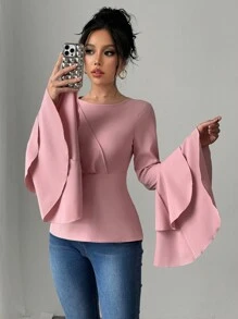Chiquease Blusa elegante de mujer con doble capa y volantes en los puños - Rosa - Ver 6