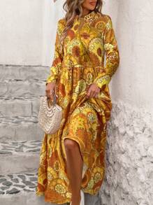 SHEIN LUNE Tie-Front Neck Loose Fit Printed Dress Maxi Women Outfit