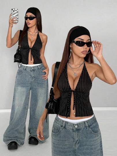 StreetHx Top sin espalda con envoltorio y rayas para mujer