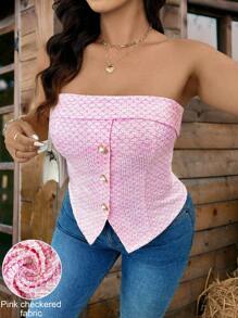 SHEIN Essnce Plus Size Women's Jacquard Knit Patterned Bandeau Top, "Valentine's Pink Lover" For Summer