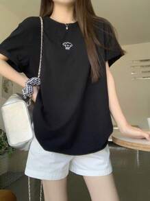 DAZY Women's Crew Neck Cartoon Puppy Bowknot Knot Short Sleeve T-Shirt Summer - Black - View 4